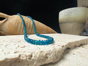 Apatite bead necklace featuring natural cabochon apatite beads graduated and finished with a sterling silver lobster clasp. This is simply stunning and a lovely statement necklace that matches any skin tone or clothing choice. 45 cm length