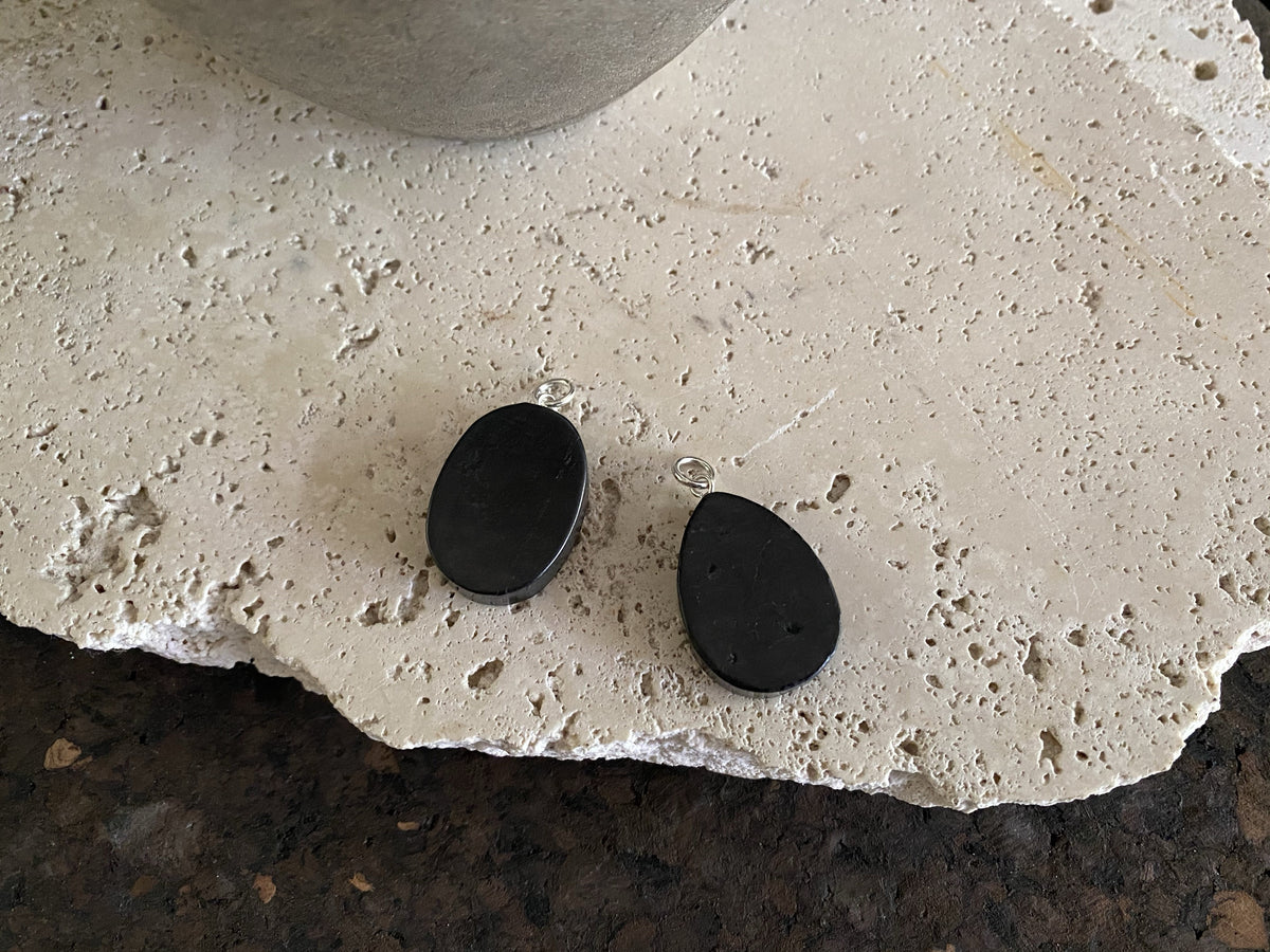 Shungite and silver oval or teardop pendants
