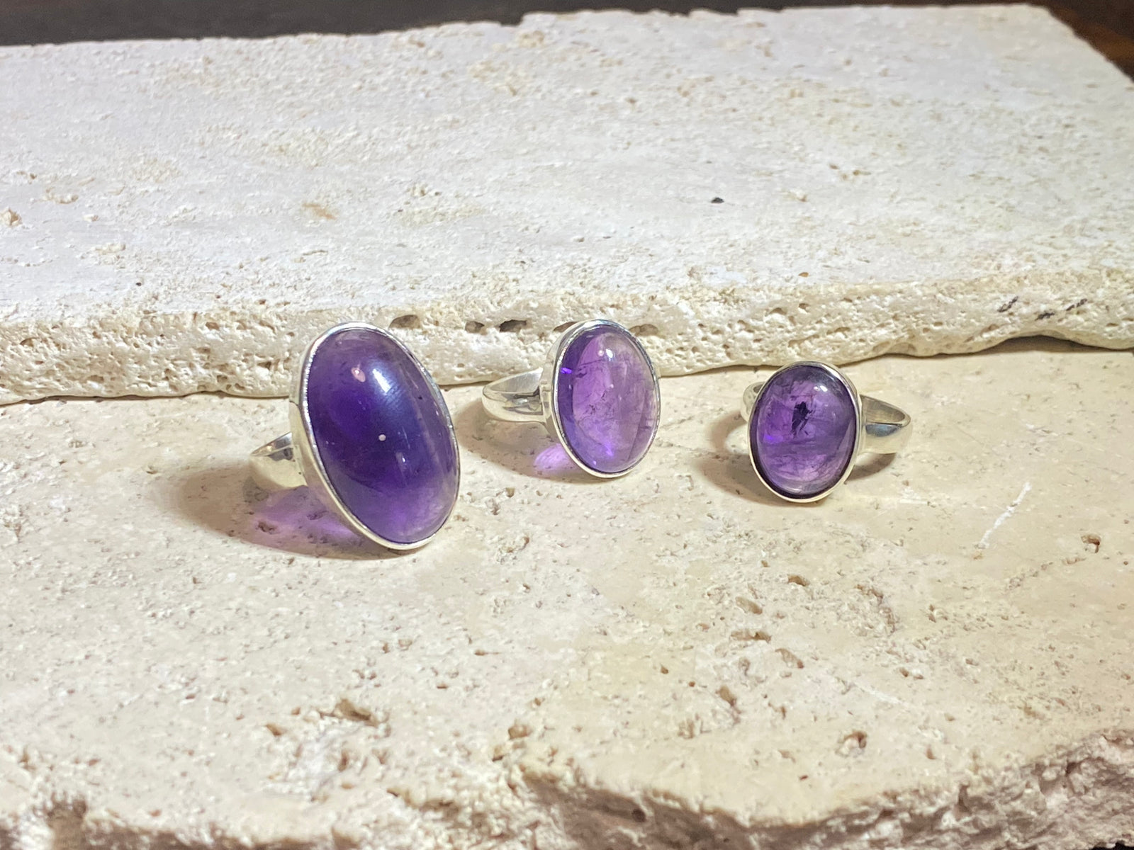 Oval amethyst rings set in sterling silver. 