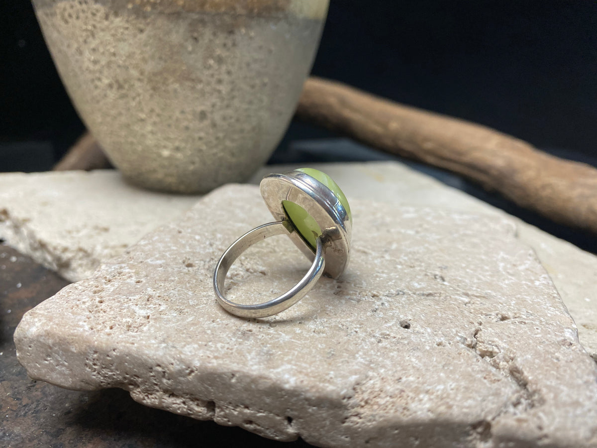 Teardrop cut prehnite ring set in sterling silver, size 7.5
