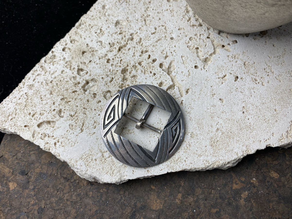 Vintage silver belt buckle, Hopi Indian circa 1950, 2 inches (5.4 cm) diameter