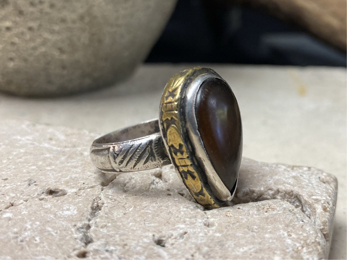 Carnelian silve vintage ring with brass or gold bezel, size 8.75