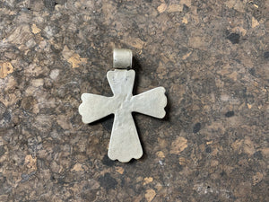 Late 19th century Ethiopian crucifix cut from a Marie Therese Thaler, high grade silver, worn bail commensurate with age, with an applied silver cut out decoration on the body,  height including bail 5.5 cm (2.2")