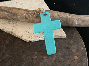 Very large blue stone cross pendant, 19 cm kength, sterling silver mount and vail