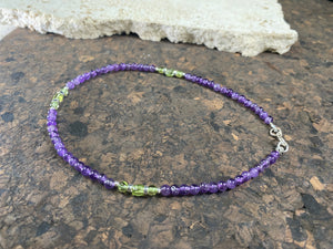 Beautiful anklets featuring natural amethyst, peridot and sterling silver. Sterling silver clasps and detailing. Designed to sit gracefully around the foot rather than tight to the ankle. Select from three sizes.