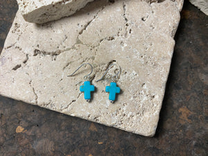 Blue and silver small cross earrings