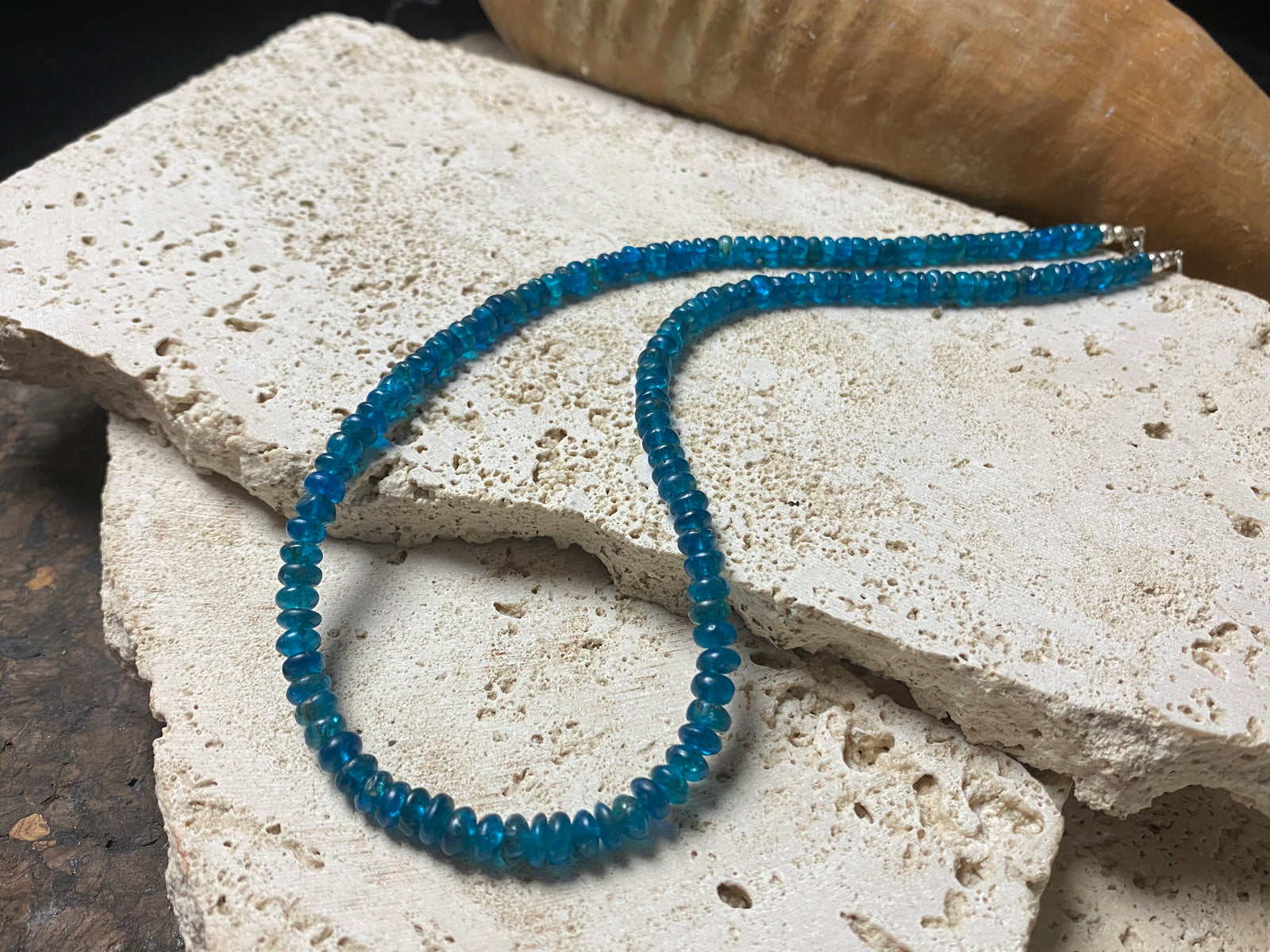 Apatite bead necklace featuring natural cabochon apatite beads graduated and finished with a sterling silver lobster clasp. This is simply stunning and a lovely statement necklace that matches any skin tone or clothing choice. 45 cm length