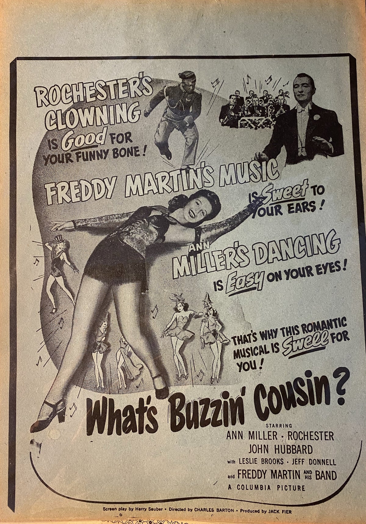 Vintage musical movie styling with an original Ann Miller movie poster from the 1943  movie "What's Buzzin' Cousin?" with Freddy Martin's Music band. Excellent condition, without tears or scuffing