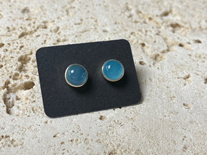 Simple and elegant large round blue chalcedony earring studs, hand made from sterling silver and set with polished natural gemstones cut in cabochon style