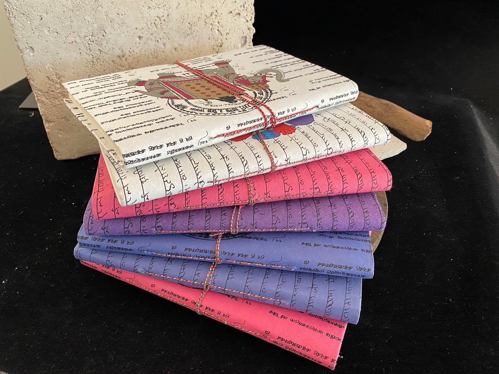 Eco-friendly journals, the perfect size at 25 x 17 cm (10 x 6.75"). Filled with handmade recycled paper and covered in bright, printed covers. Excellent for use as a journal, writer's notebook, scrapbook, travel diary or notebook.