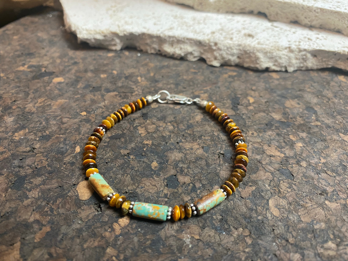 Stunning natural Arizona blue-green-brown turquoise and tiger's eye beaded bracelet. Sterling silver findings. Length 18.5 cm