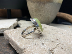Teardrop cut prehnite ring set in sterling silver, size 7.5