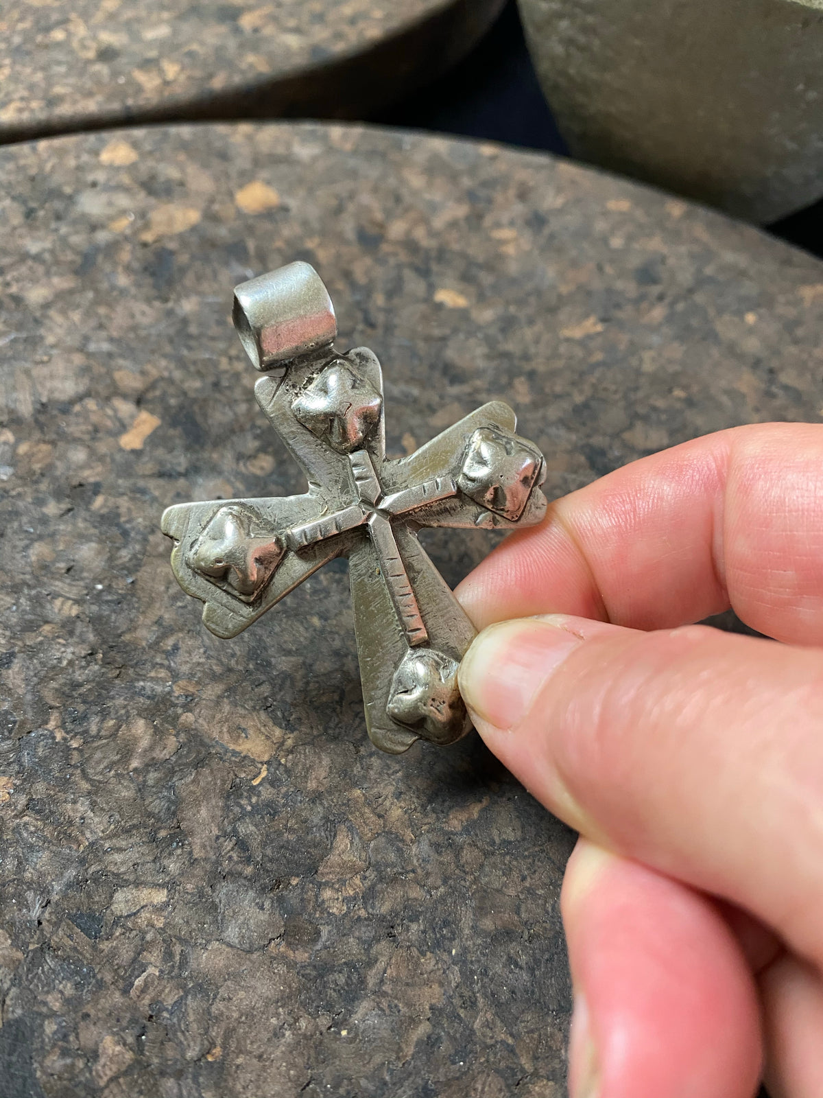 Late 19th century Ethiopian crucifix cut from a Marie Therese Thaler, high grade silver, worn bail commensurate with age, with an applied silver cut out decoration on the body,  height including bail 5.5 cm (2.2")