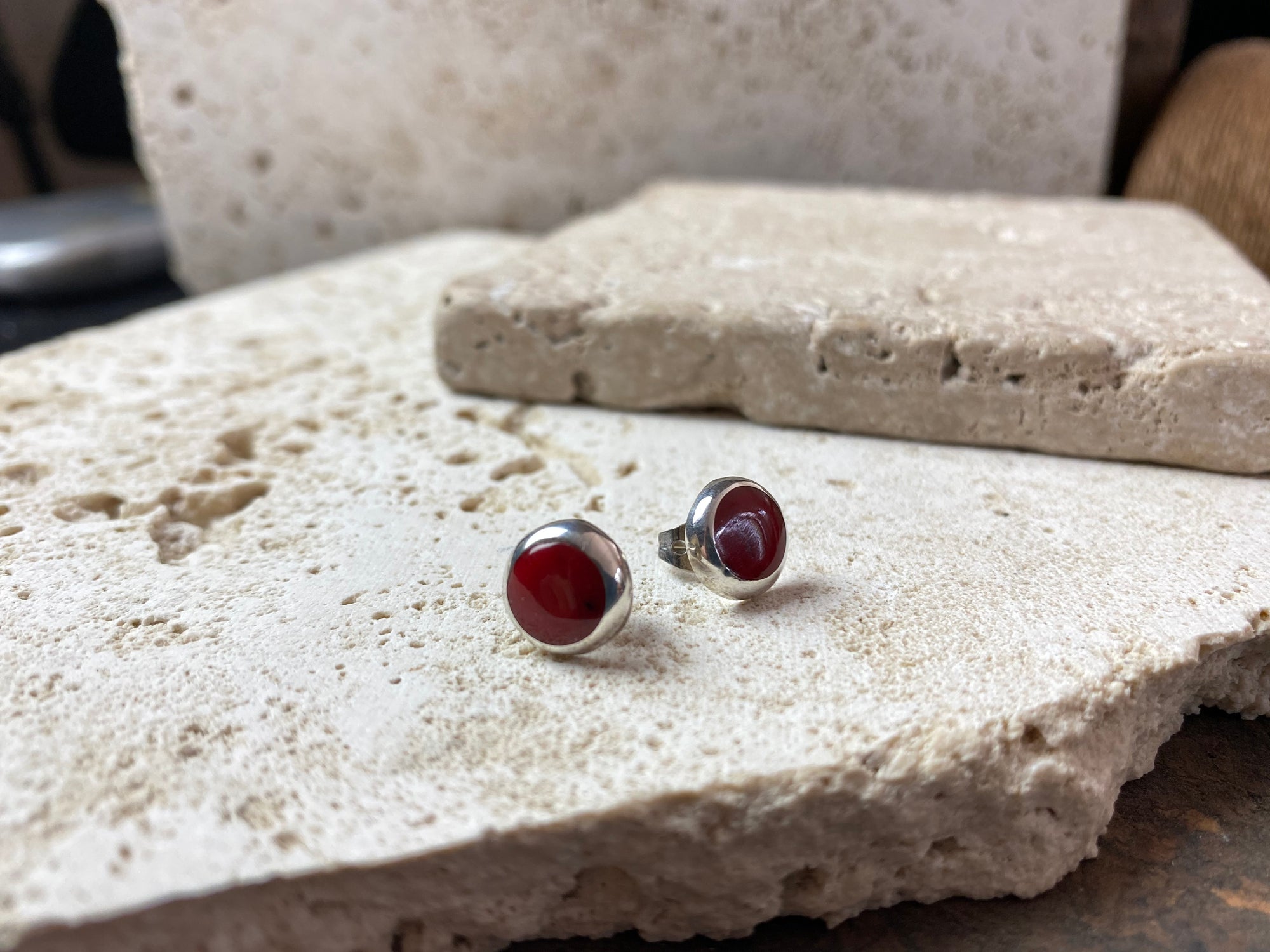red carnelian studs are hand made from sterling silver and are slightly larger than the average earring stud