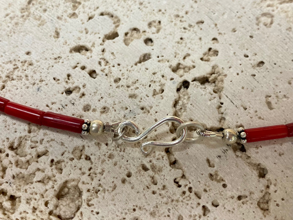 Red bamboo coral and natural Tibetan turquoise necklace, highlighted with sterling silver beads. This is a unisex necklace. Length 62-63 cm length