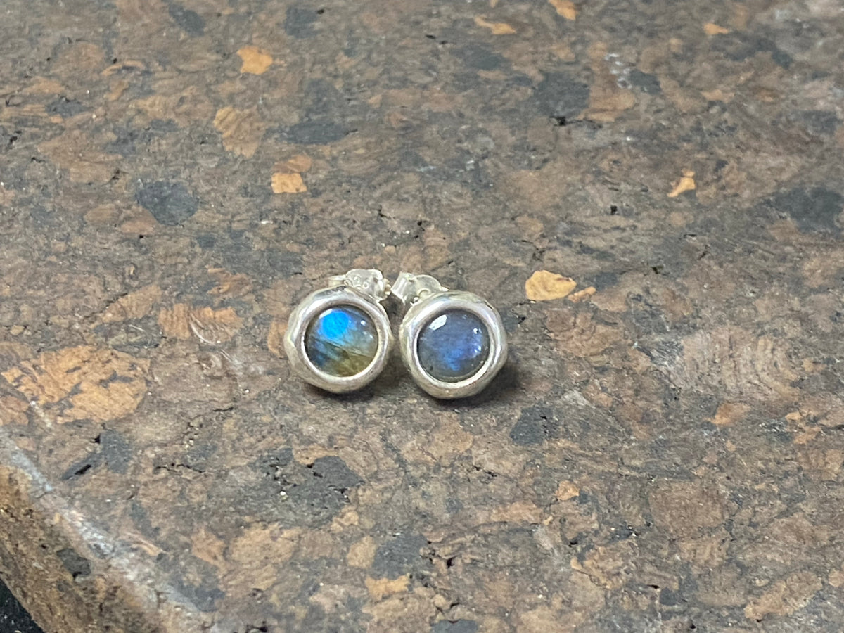 Round labradorite earring studs, 9 mm in diameter