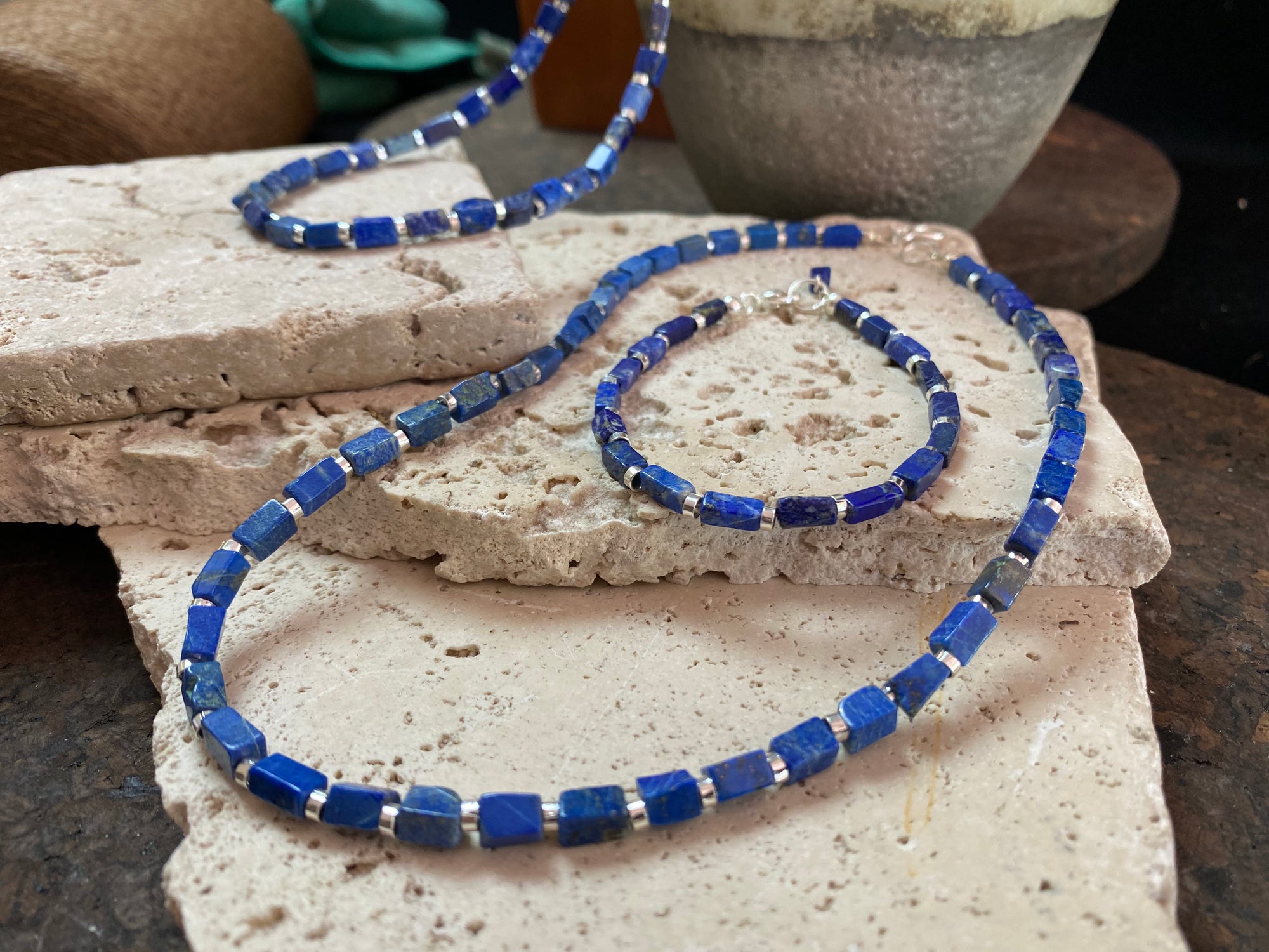 Natural Afghan lapis lazuli cube shaped beads and bright sterling silver necklace. Select form two lengths