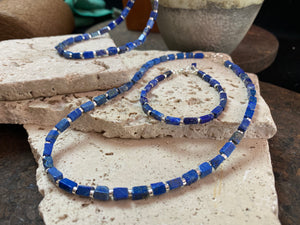 Natural Afghan lapis lazuli cube shaped beads and bright sterling silver necklace. Select from two lengths