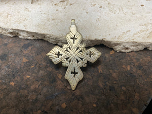 Front view of our pointed style Ethiopian Cross pendant, lost wax casting, non silver, hand made tribal African jewellery, boho, Christian, bohemian. Length 6.2 cm (2.5")