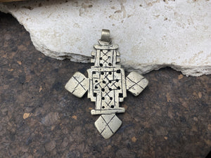 Back view of our large Ethiopian Cross pendant, lost wax casting, non silver, hand made, tribal, gypsy, African jewellery, boho, Christian, bohemian. Length 8.3 cm