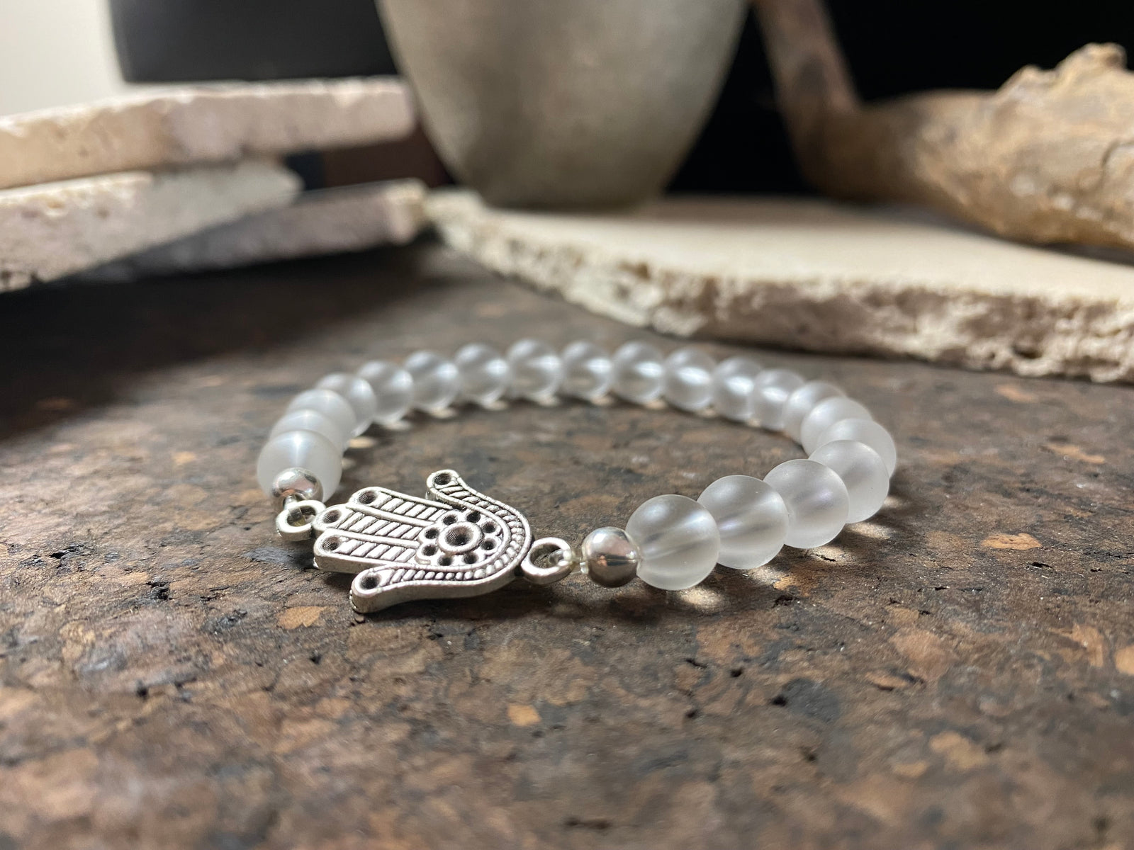Rock crystal and hamsa elasticized bracelet, 18 cn inside diameter