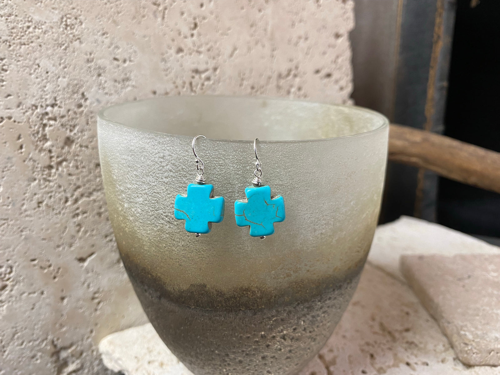Striking cross earrings are hand crafted from sterling silver and blue dyed howlite stone, giving a southwest earring vibe without the price of real turquoise. Two styles, 3 or 3.5 cm length