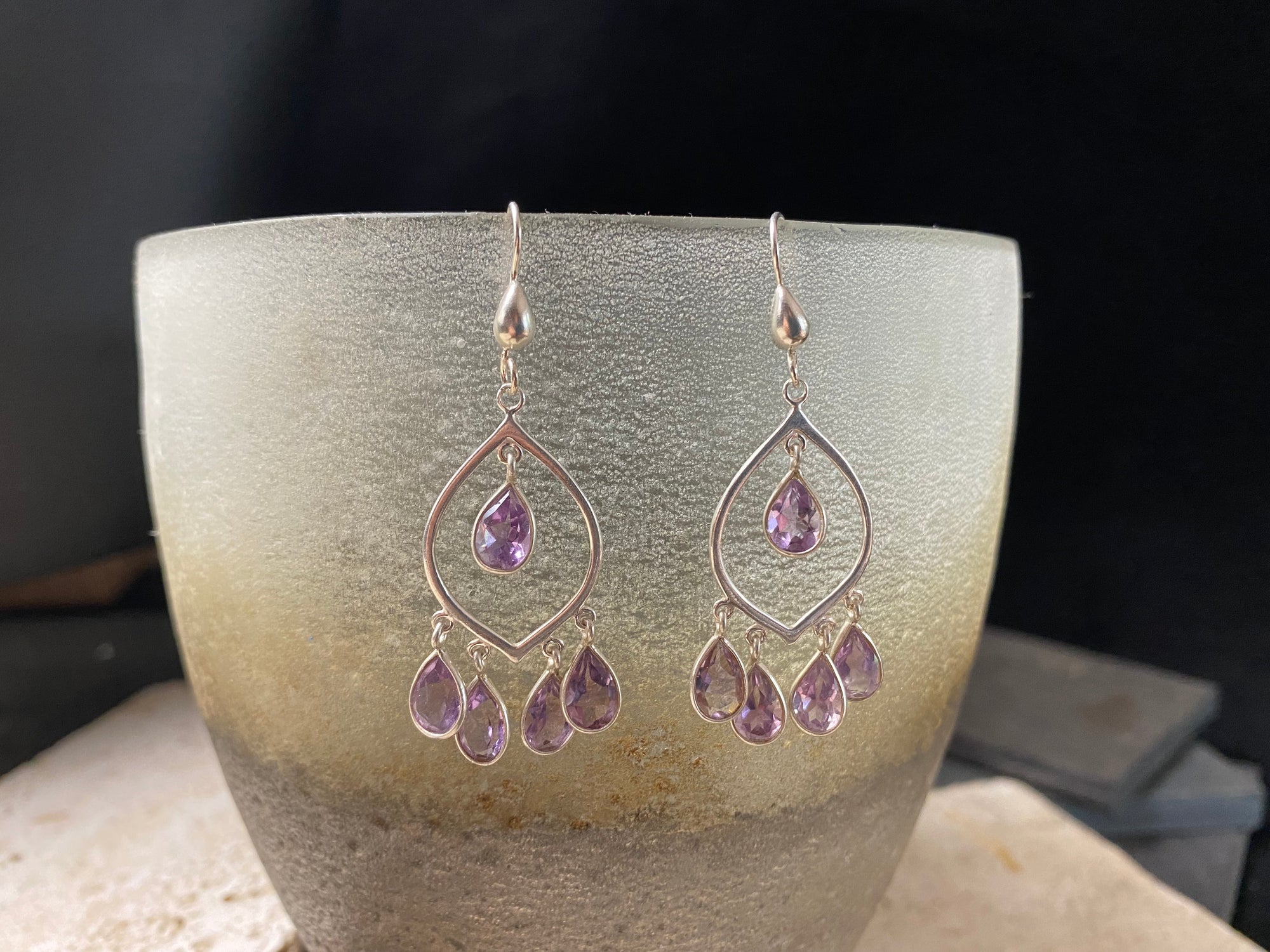 Classic amethyst drop earrings set in sterling silver, 5.2 cm length, lightweight and easy to wear