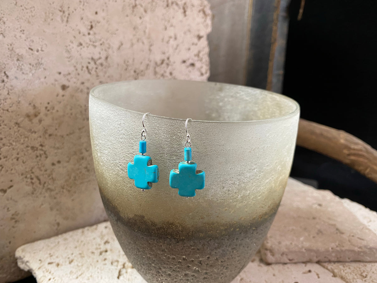 Striking cross earrings are hand crafted from sterling silver and blue dyed howlite stone, giving a southwest earring vibe without the price of real turquoise. Two styles, 3 or 3.5 cm length