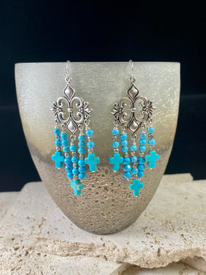 Baroque Turquoise Blue Silver Cross Earrings
