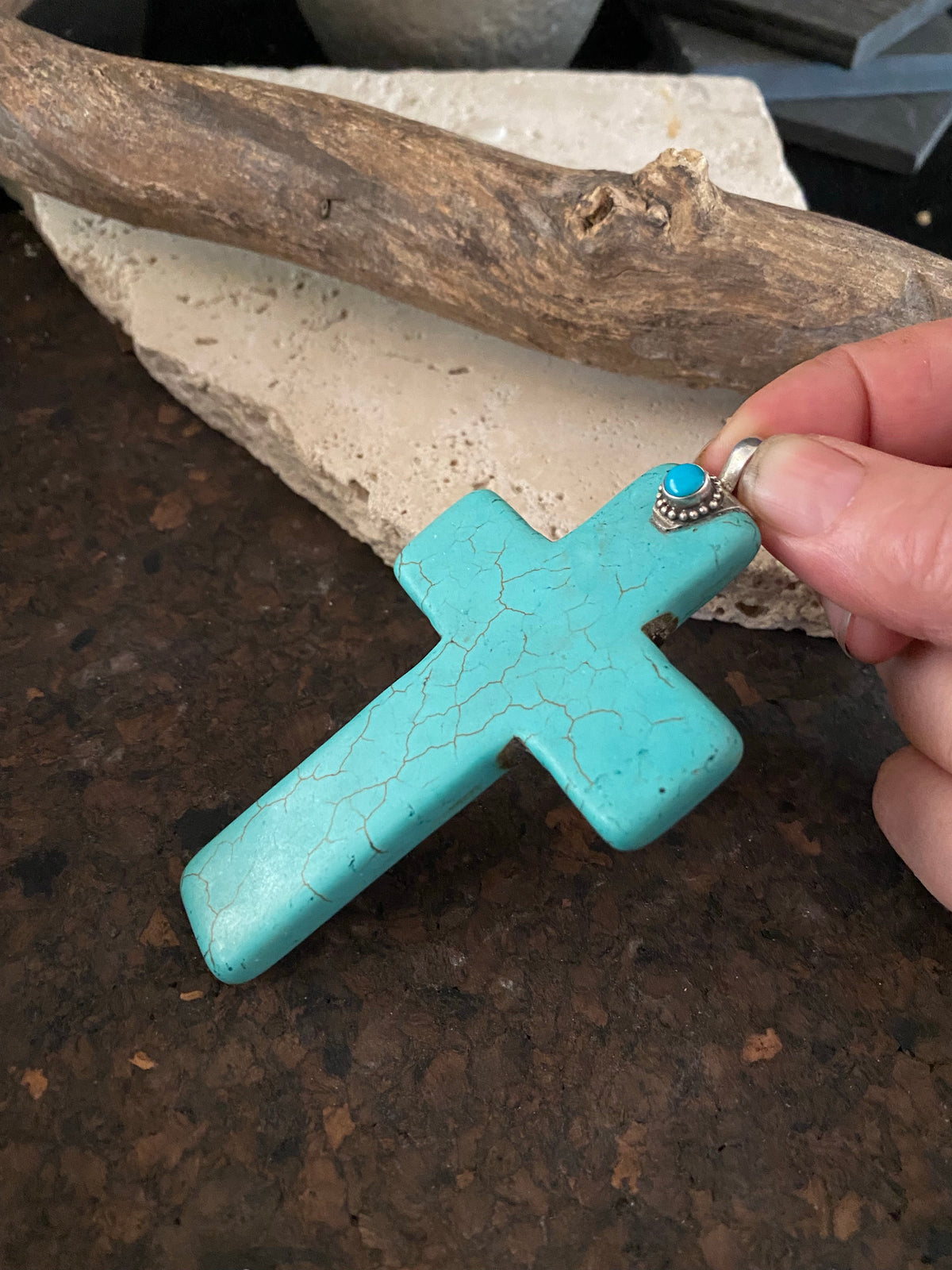 Very large blue stone cross pendant, 19 cm kength, sterling silver mount and vail