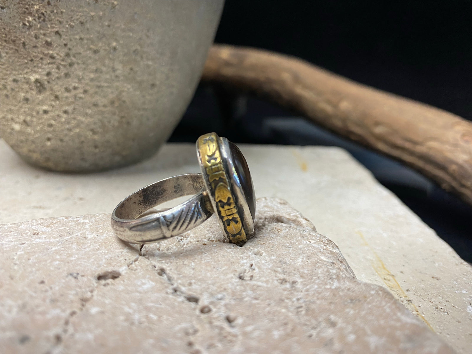 Carnelian silve vintage ring with brass or gold bezel, size 8.75