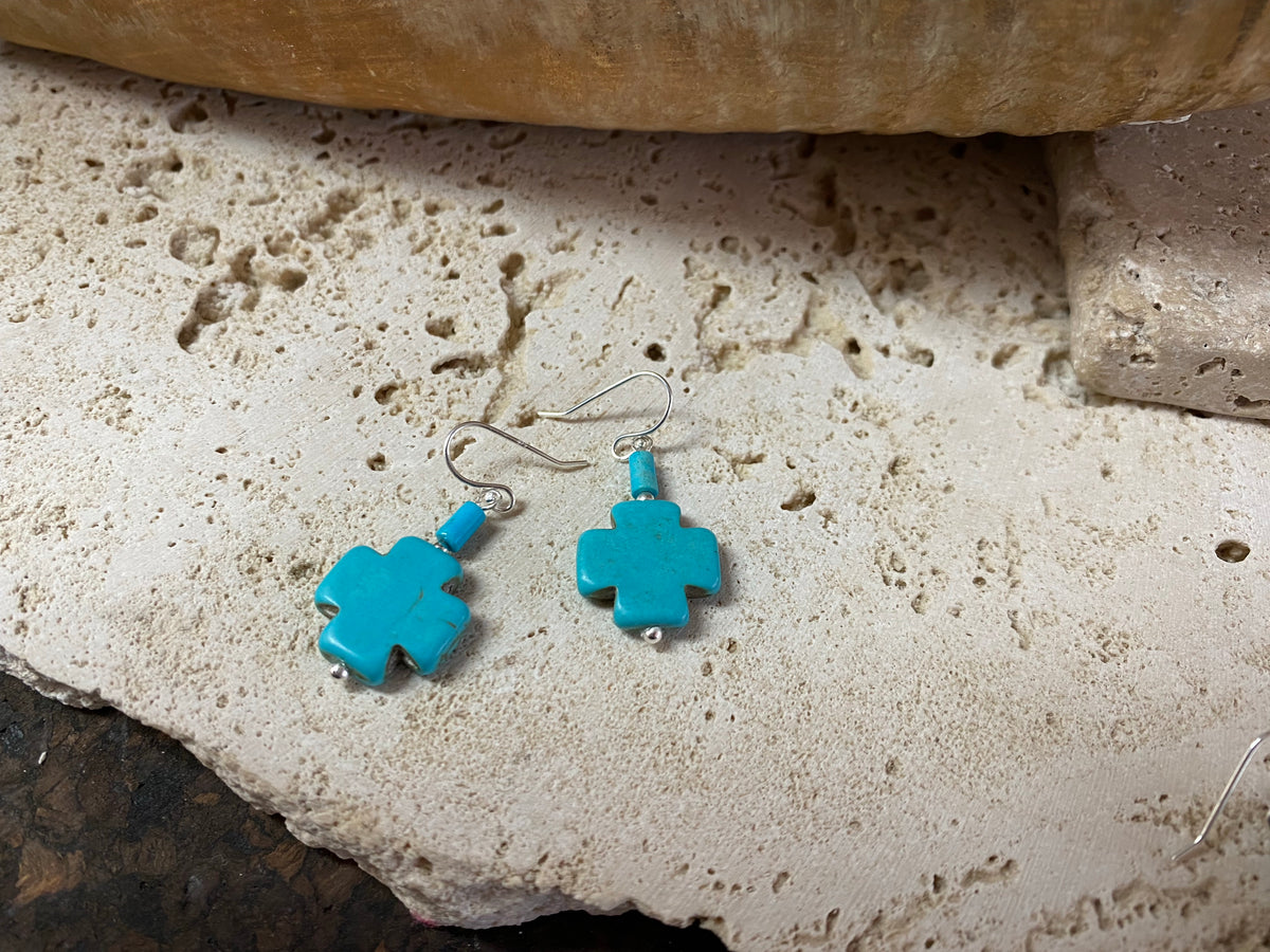 Striking cross earrings are hand crafted from sterling silver and blue dyed howlite stone, giving a southwest earring vibe without the price of real turquoise. Two styles, 3 or 3.5 cm length