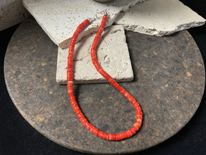 Our simple coral necklace features red coral heshi beads finished with a sterling silver beads and hook clasp. A smart and elegant Southwest style choker that can be worn by men or women.  Bamboo coral is dyed and responsibly sourced from the Pacific Ocean. Length 45 cm (17.75"), diameter of beads 7 mm