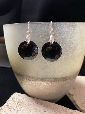 Elegant polished black agate and silver earrings