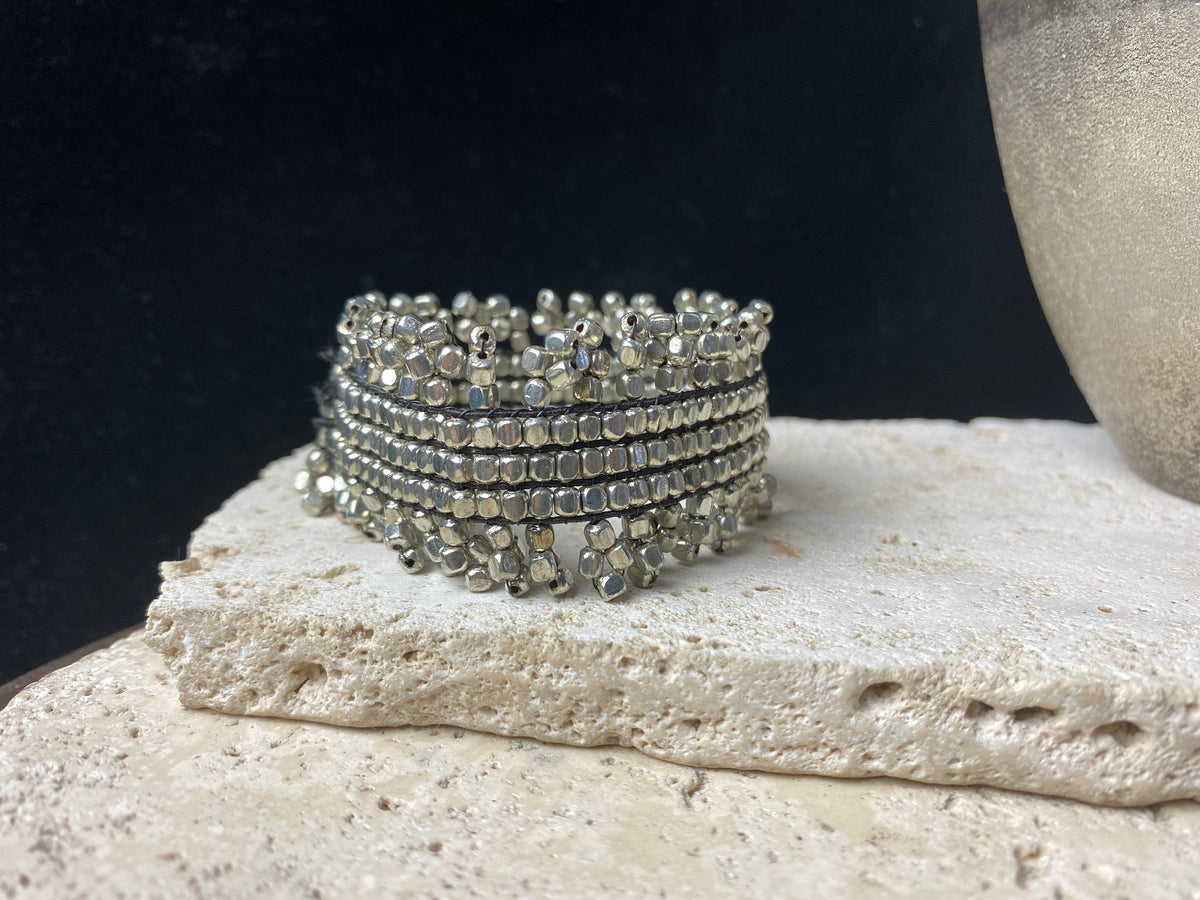 Silver look fashion tribal bracelet on stretchy elastic