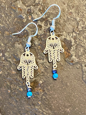 Small filigree hamsa or hand of Fatima earrings finished with a drop of genuine turquoise and lapis lazuli