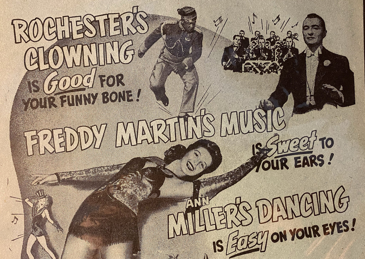 Vintage musical movie styling with an original Ann Miller movie poster from the 1943  movie "What's Buzzin' Cousin?" with Freddy Martin's Music band. Excellent condition, without tears or scuffing
