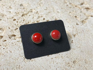 Simple and elegant large round red coral earring studs, hand made from sterling silver and set with polished natural gemstones cut in cabochon style
