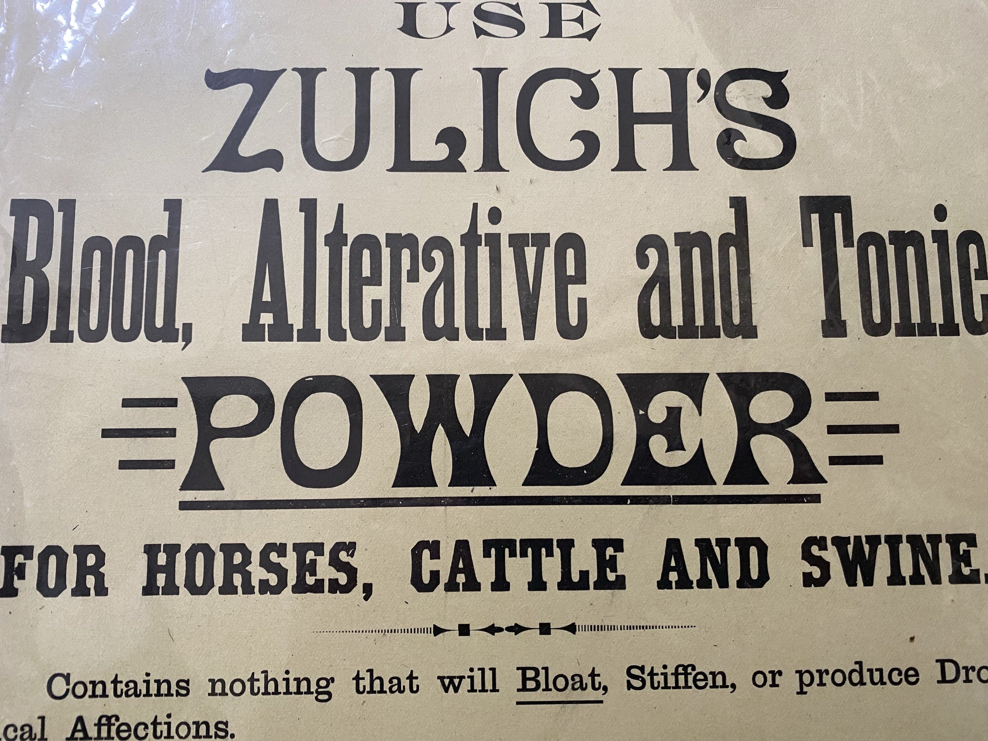 An original Zulich's Tonic store sign, in near mint condition, dating to 1890, from Philadelphia. Printed on heavy board, with a riveted hole at the top for hanging