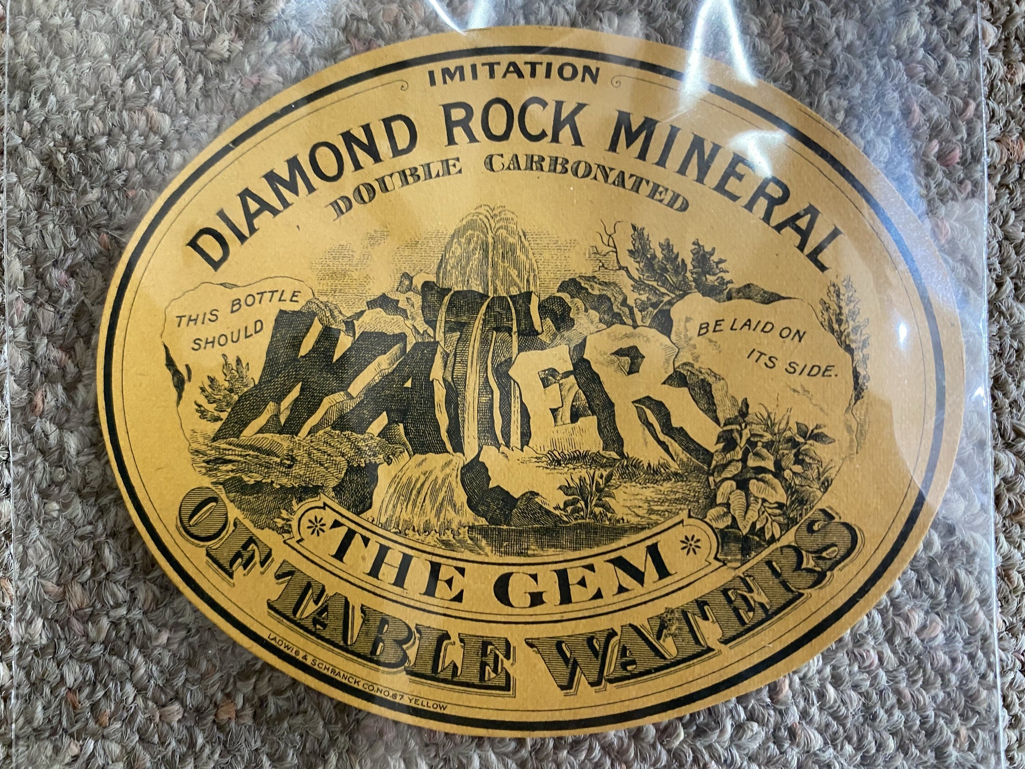 Civil War era bottle label for Diamond Rock mineral water, circa 1880. Mint condition.