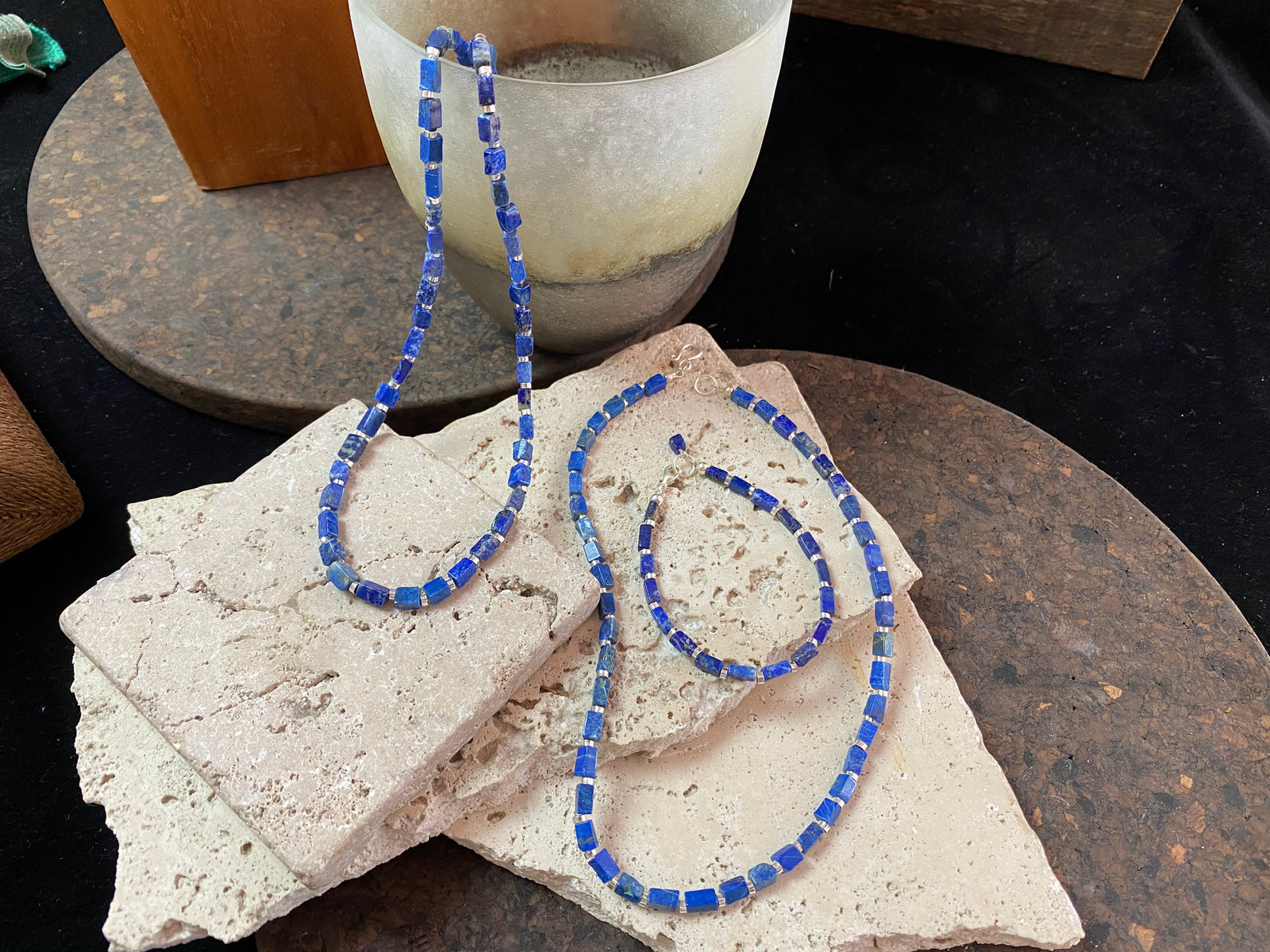 Natural Afghan lapis lazuli cube shaped beads and bright sterling silver necklace. Select form two lengths