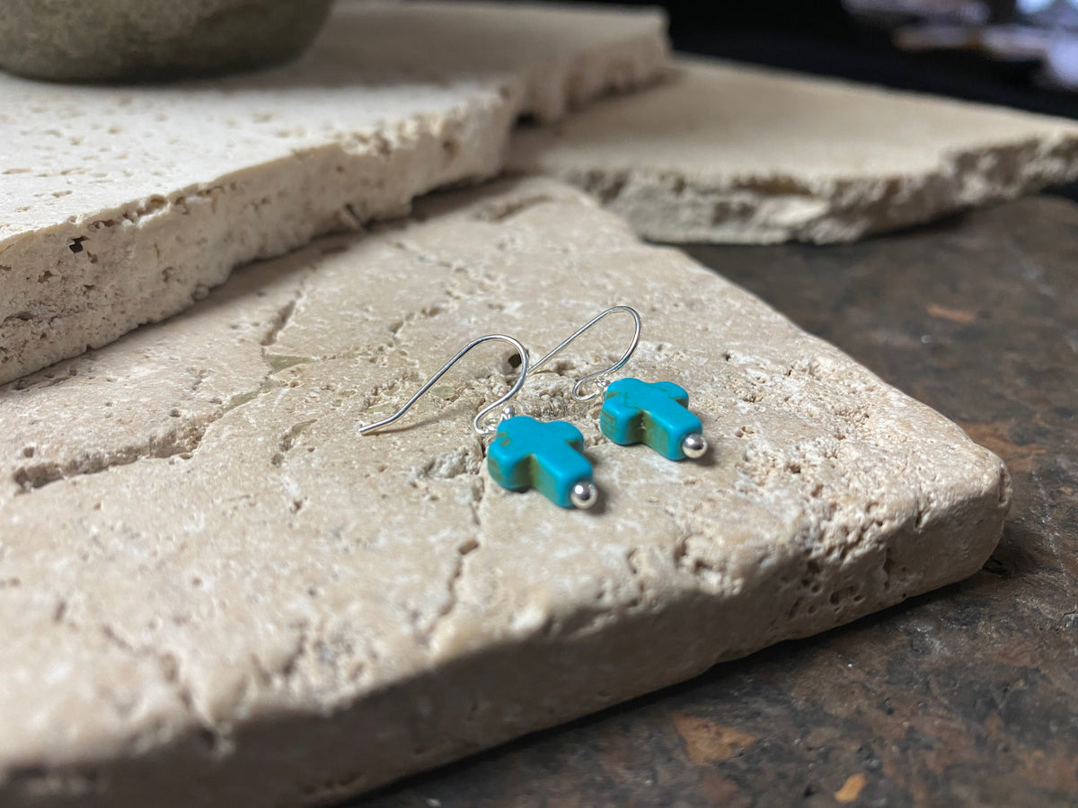 Blue and silver small cross earrings