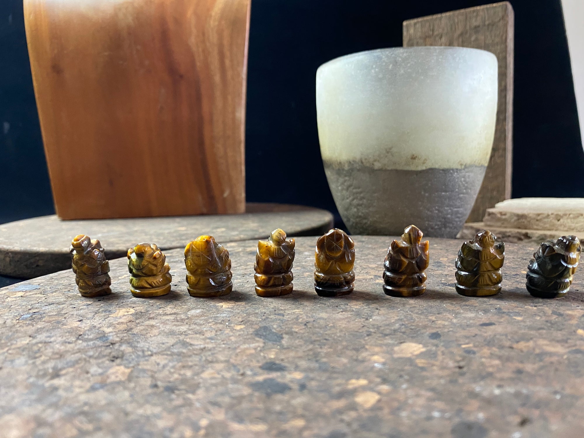 Hand carved from luminous tigers eye, these small ganesh statues  are perfect for travelling, or if you're short on space, have only a small space to fill or like to keep Ganesh with you at all times. From 2.2  2.5 cm in height