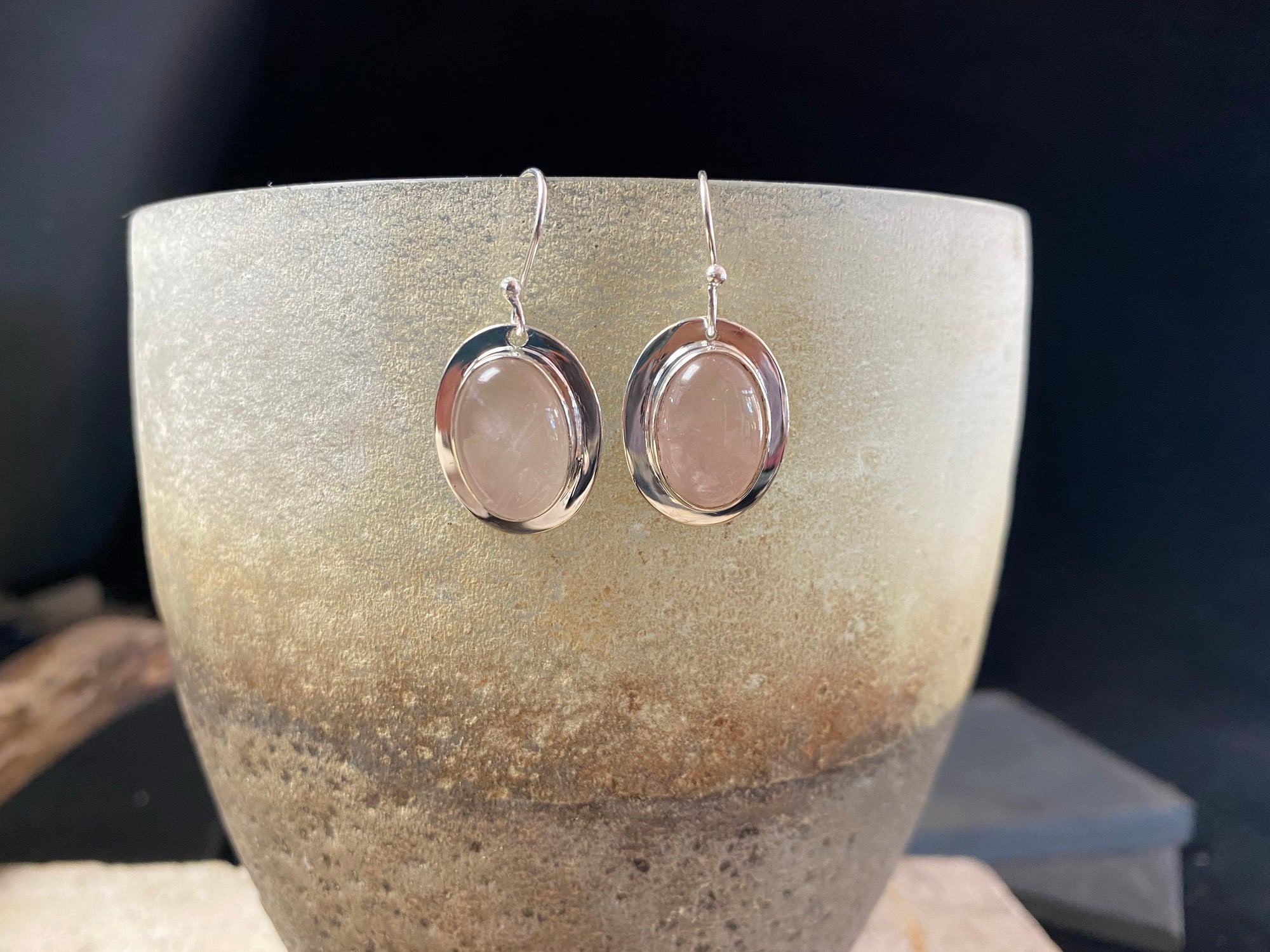 rose quartz oval silver earrings