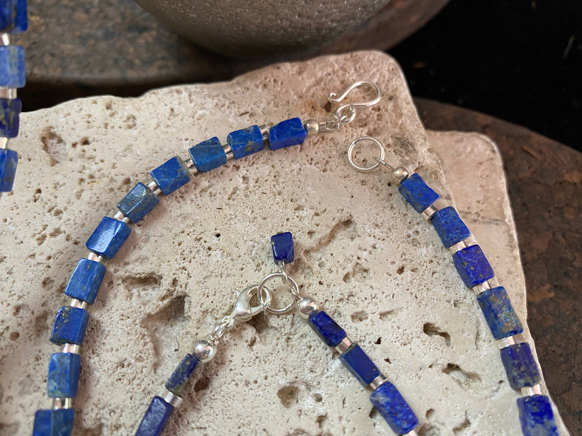 Natural Afghan lapis lazuli cube shaped beads and bright sterling silver necklace. Select from two lengths