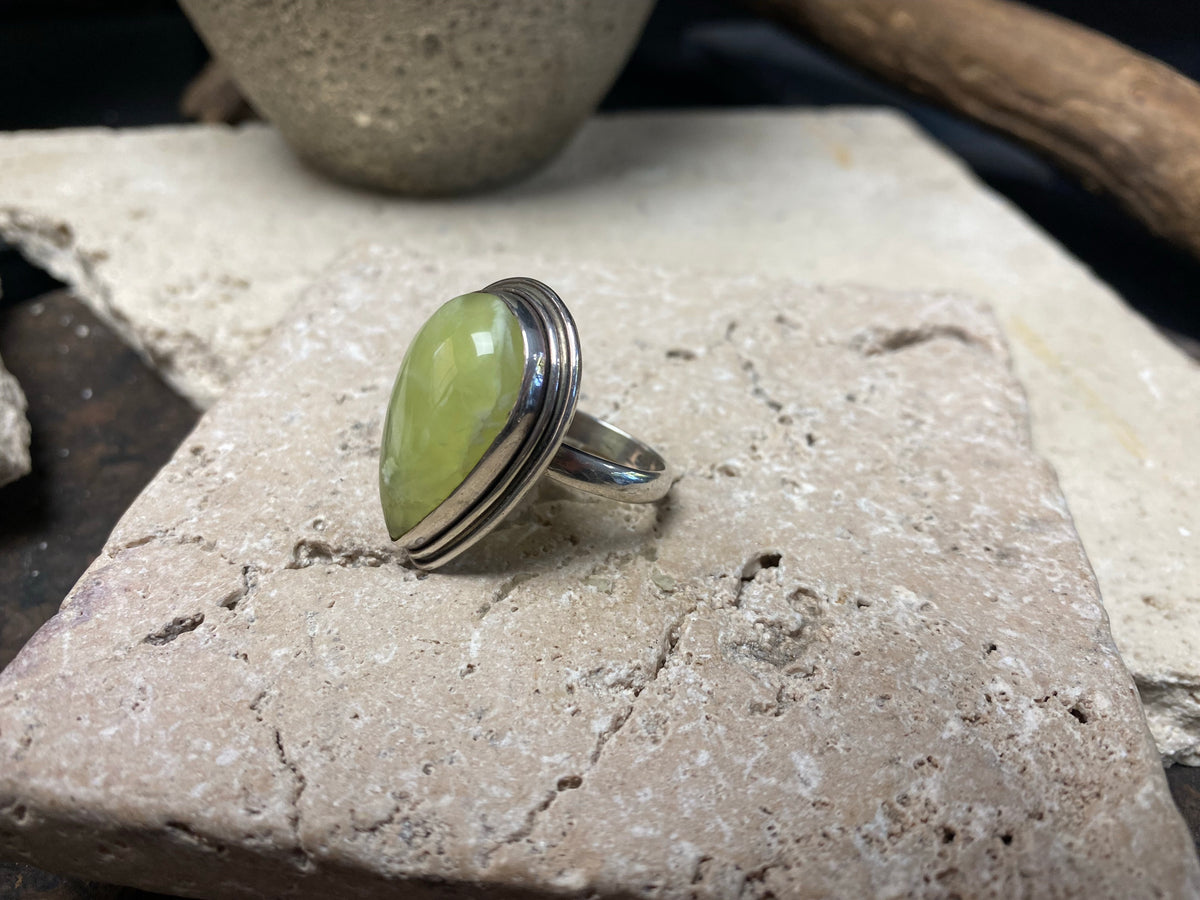 Teardrop cut prehnite ring set in sterling silver, size 7.5