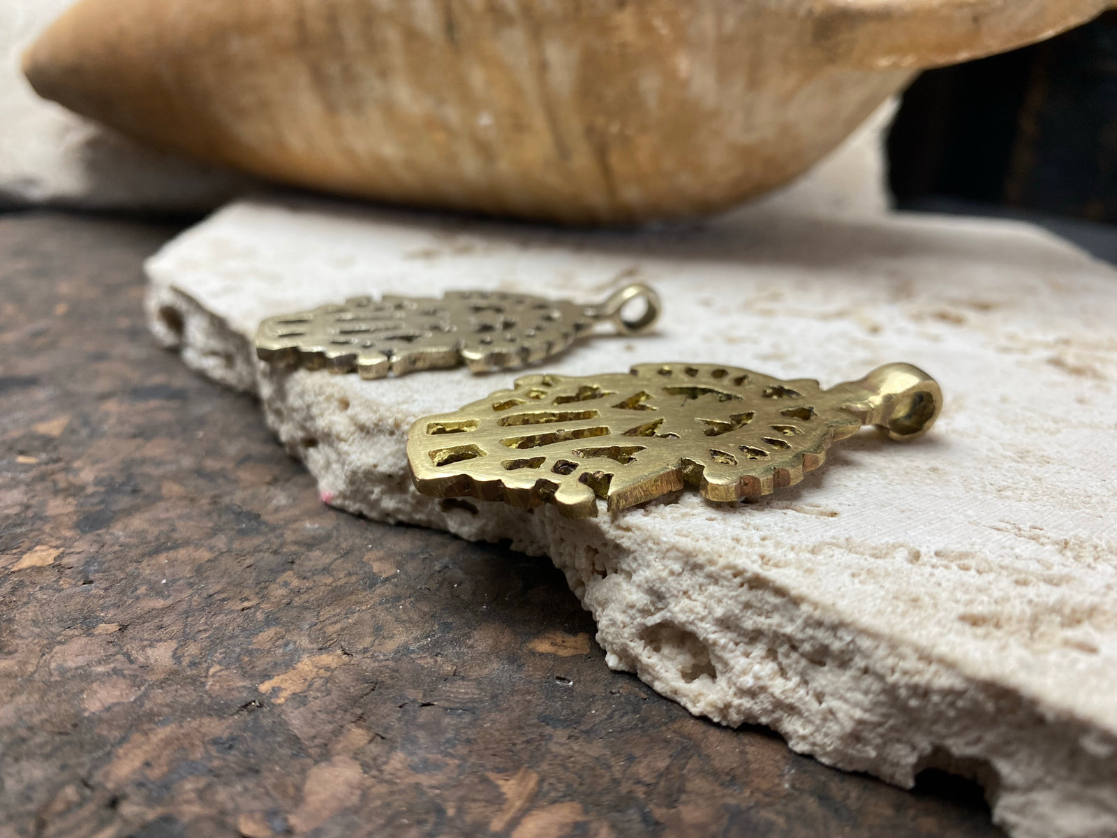 Front view of our two Cross on Staff Style Ethiopian Cross pendants, the left a silver alloy, the right a brass alloy. Lost wax casting, hand made tribal African jewellery, boho, Christian, bohemian - 5.4 cm (2.19")