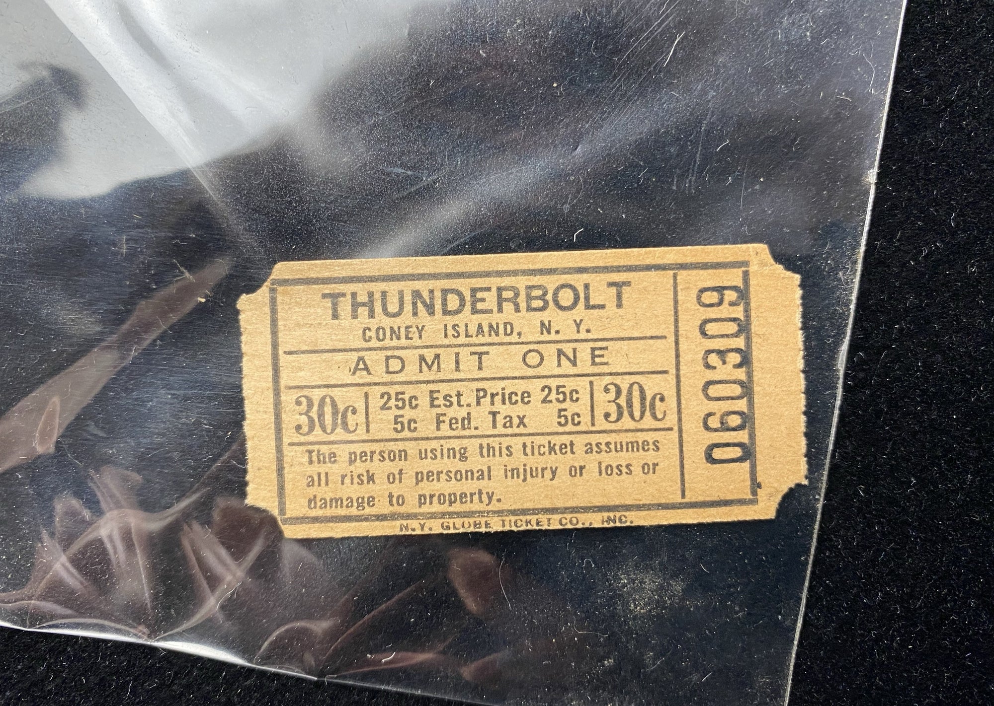 original and unused pasteboard ticket for the Thunderbolt ride, Coney Island, circa 1940. Mint condition