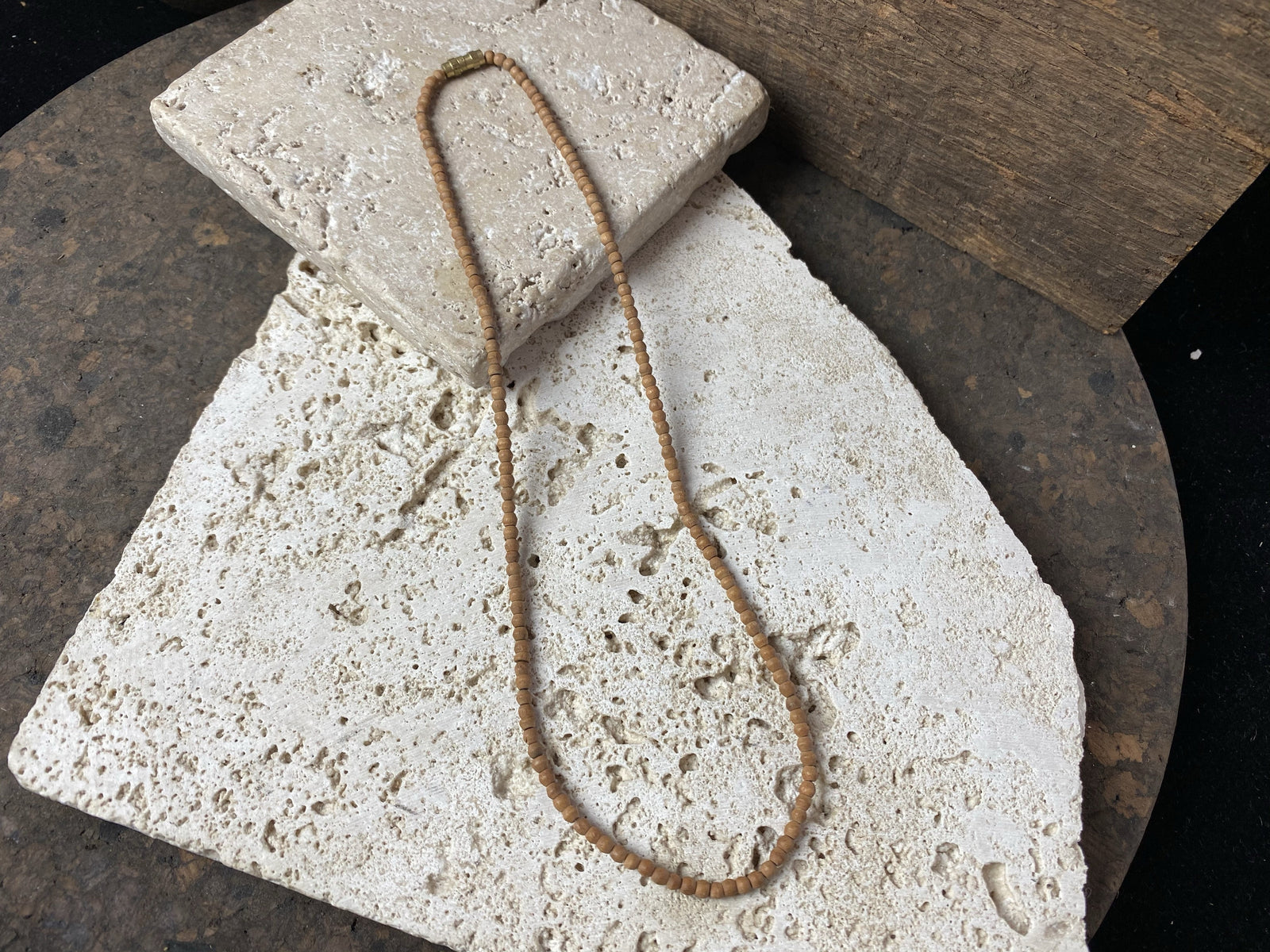 Genuine, natural fine sandalwood bead choker necklace. Brass screw clasp.