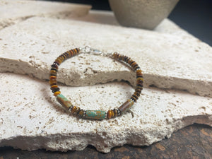 Stunning natural Arizona blue-green-brown turquoise and tiger's eye beaded bracelet. Sterling silver findings. Length 18.5 cm